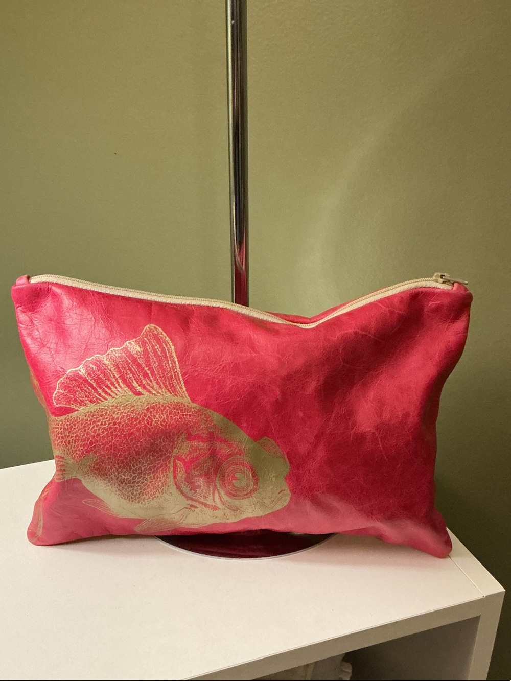 Pink Leather Gold Fish-Print Zip Pouch Cosmetic Toiletry Bag Zip Top